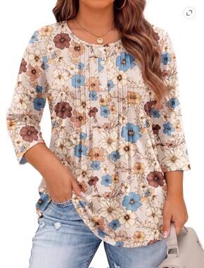 NWT ~ Women's Plus Size Floral 3/4 Sleeves Casual Curved Hem Tunic Top ~ 3X